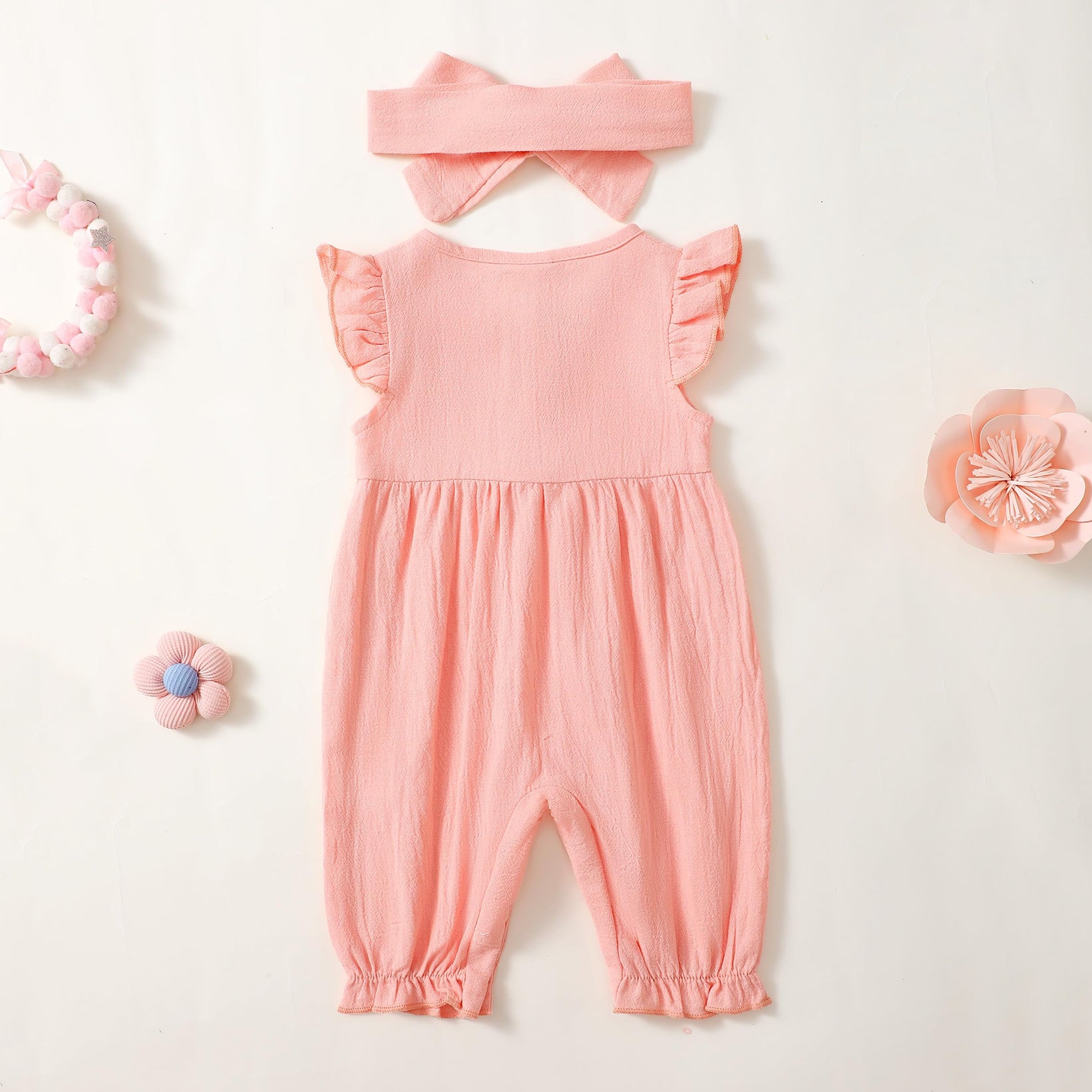 2PCS Sweet Solid Color Sleeveless Bow Baby Jumpsuit