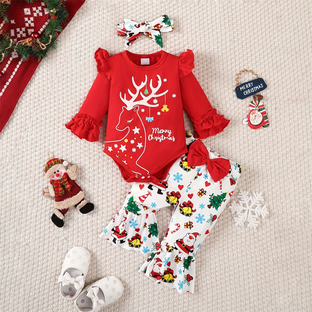3PCS Girls' Christmas Deer Print Long Sleeve Baby Set