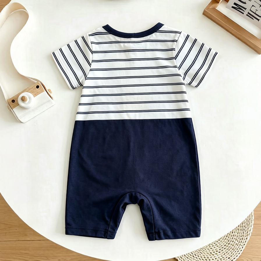 Cute Bear Stripe Print Short Sleeve Baby Jumpsuit