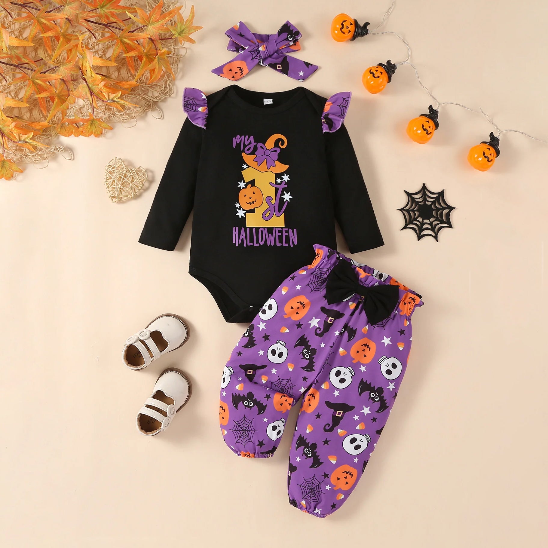 3PCS My 1st Halloween Letter Pumpkins Skulls Printed Long Sleeve Baby Set