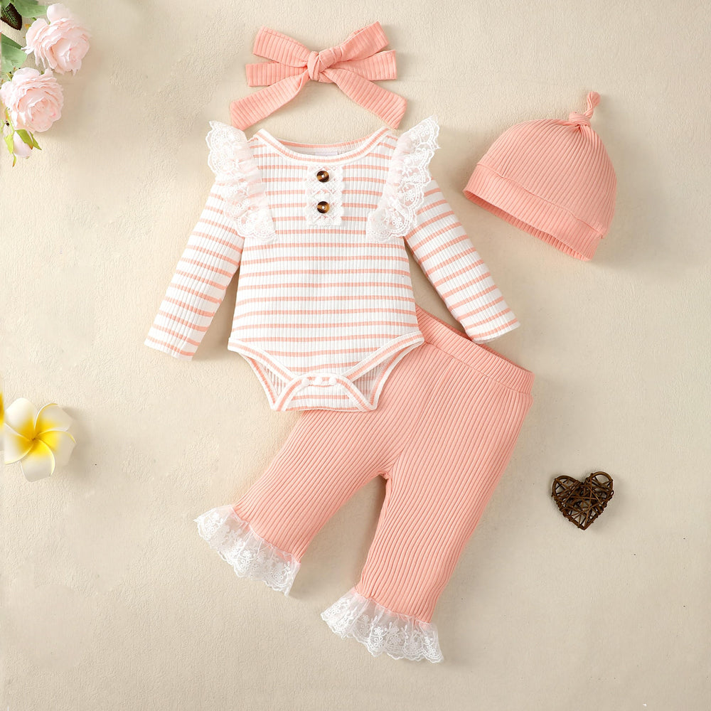 4PCS Stripe Printed Lace Decoration Long Sleeve Baby Girl Set