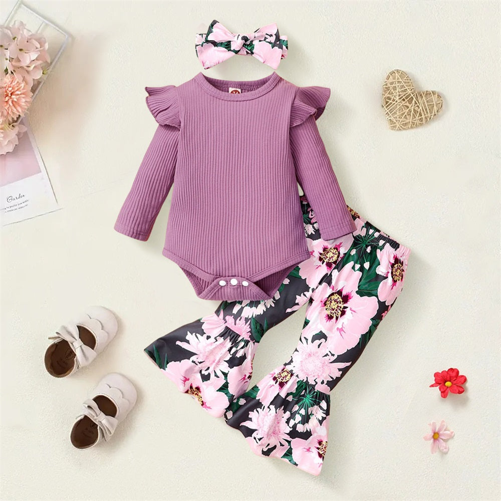 3PCS Pretty Cute Floral Print Long Sleeve Baby Set