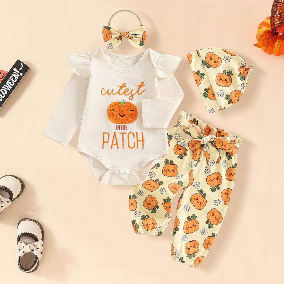 4PCS Cutest in The Patch Letter Pumpkin Print Baby Set