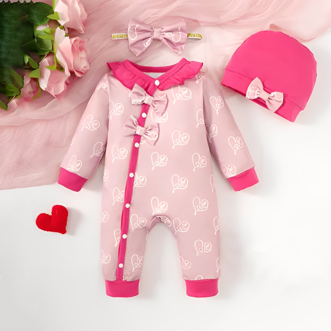 3PCS Cute Heart Printed Bowknot Decor Baby Jumpsuit