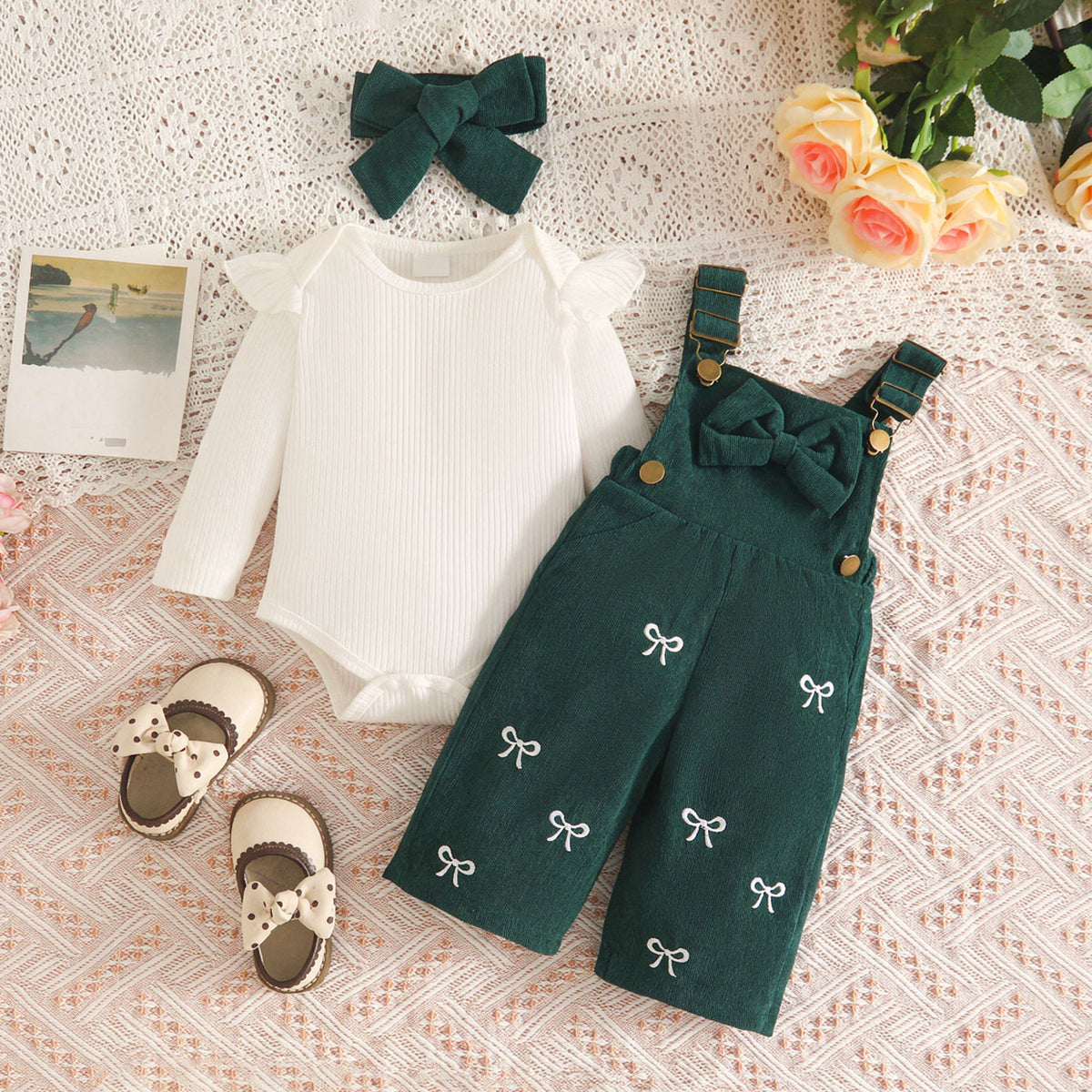 3PCS Classy Bow Embroidery Long Sleeve Baby Overalls Set