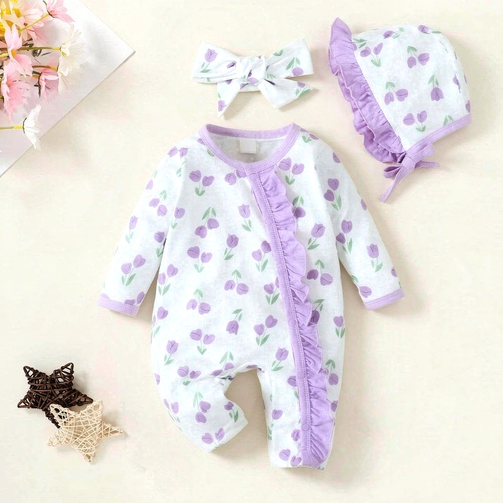 3PCS Elegant Floral Printed Long Sleeve Ruffle Baby Jumpsuit