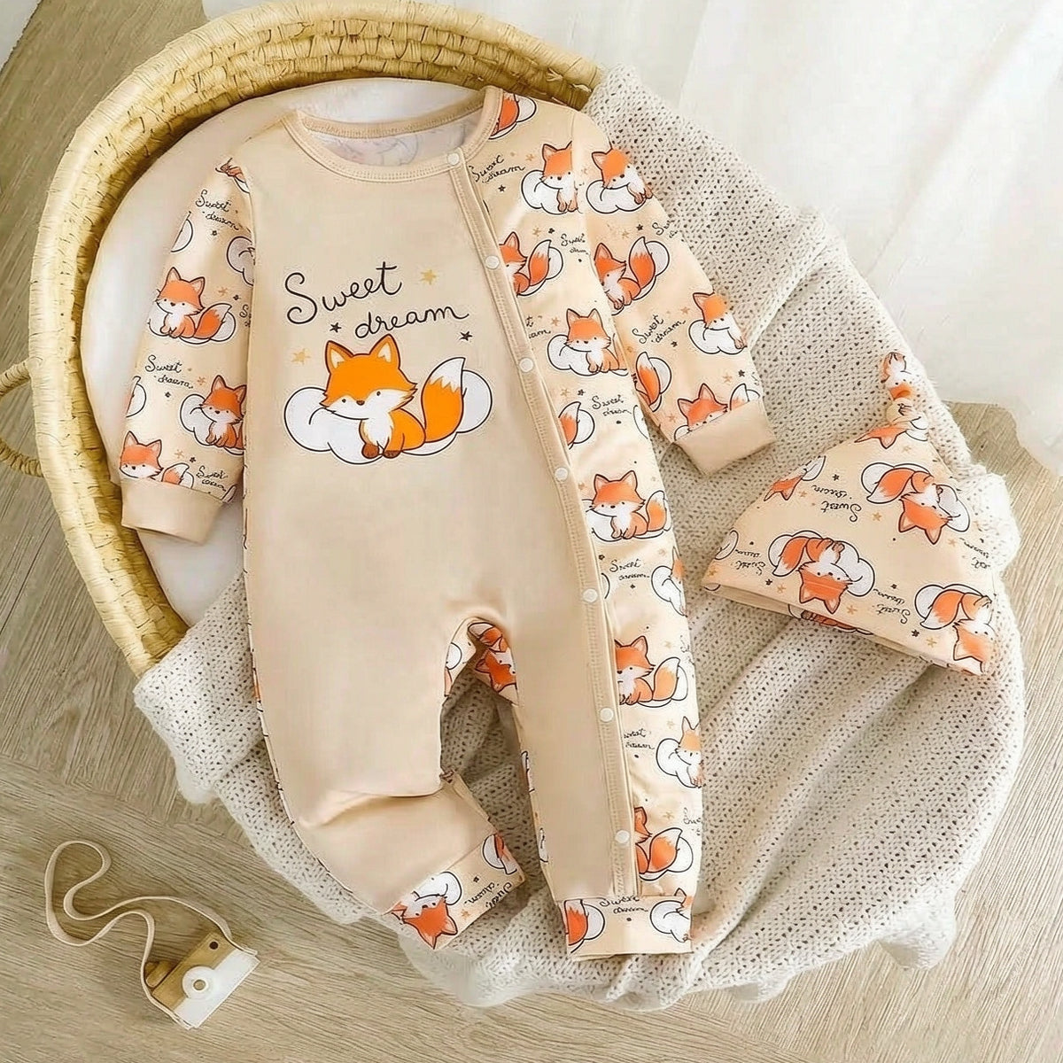 2PCS Cute Sweet Dream Letter Fox Print Long Sleeve Baby Jumpsuit