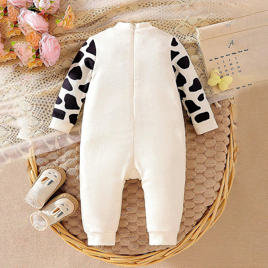 Cute Cow Printed Bowknot Decor Long Sleeve Baby Jumpsuit