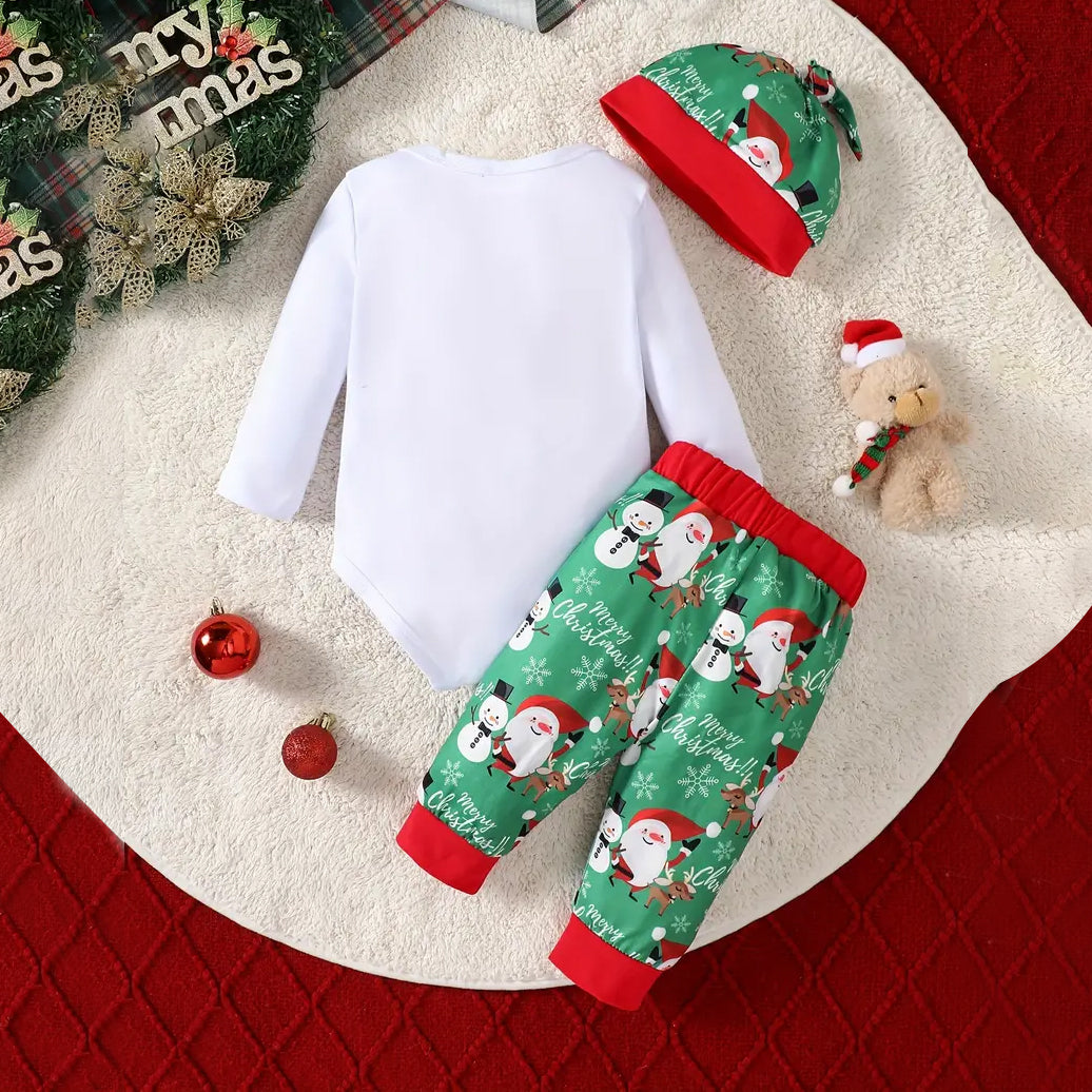 3PCS The Baby Who Stole Christmas Letter Santa Claus Printed Long Sleeve Baby Set