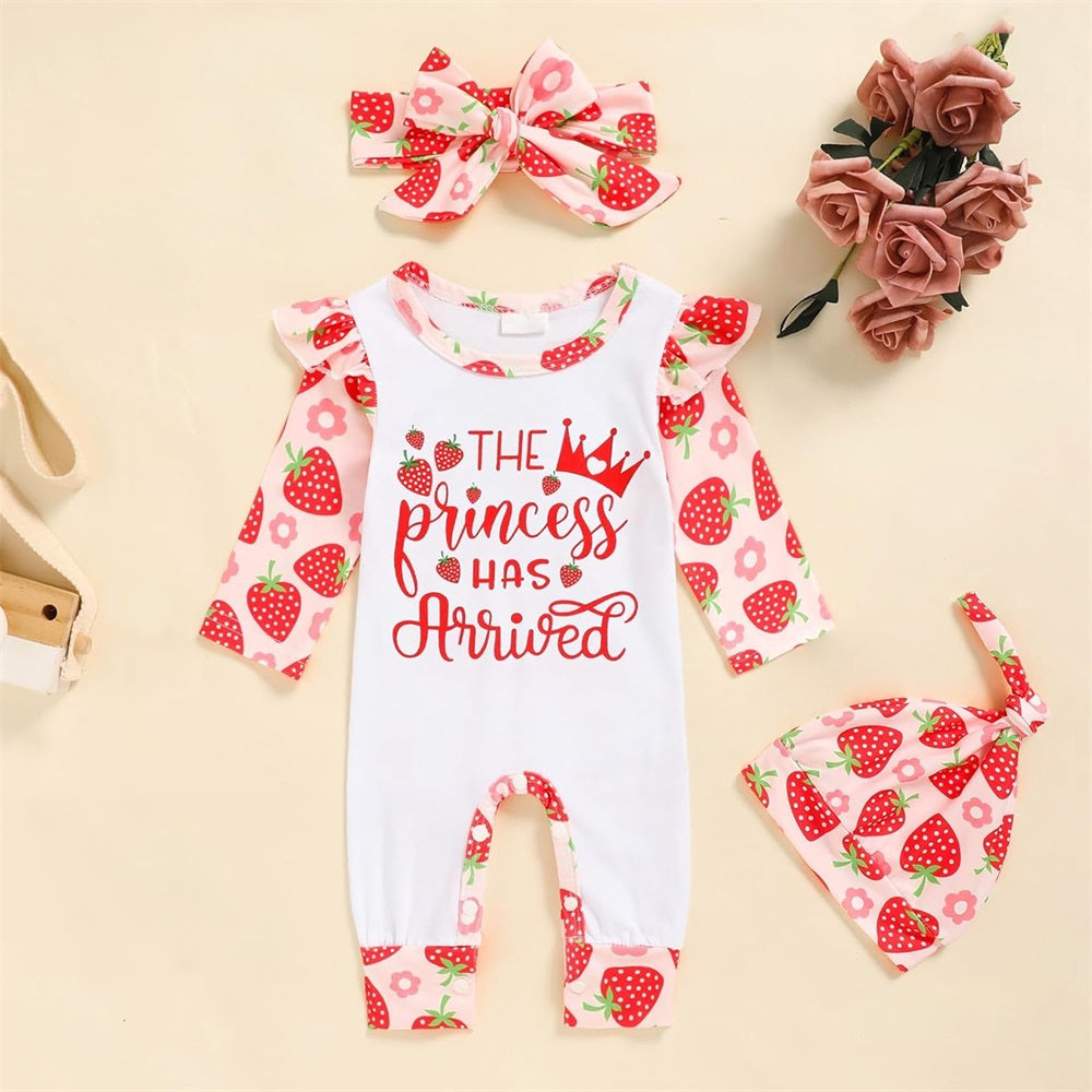 3PCS Princess Has Arrived Letter Strawberry Print Baby Jumpsuit