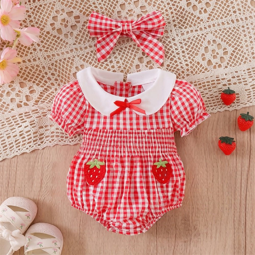 2PCS Vibrant Strawberry Plaid Print Baby Romper