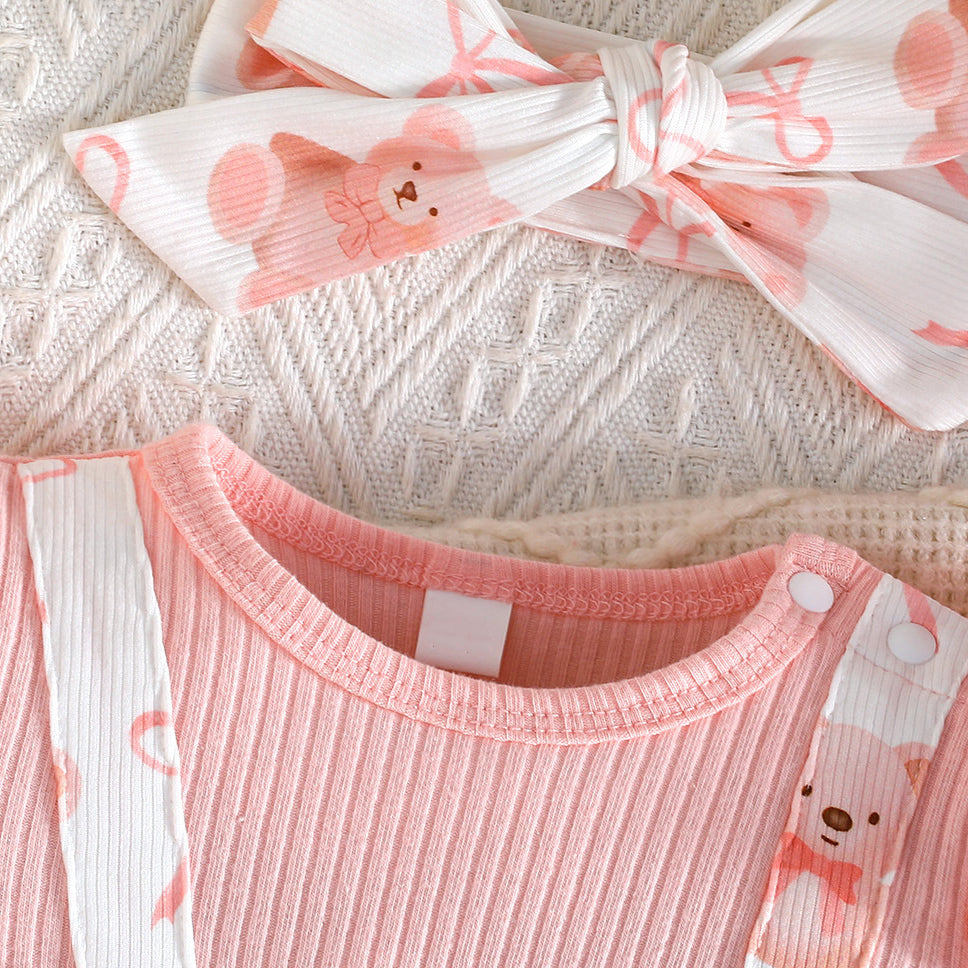 2PCS Baby Girl Teddy Bear Bow Print Faux Two Piece Short Sleeve Jumpsuit