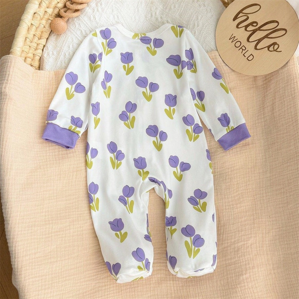 Gorgeous Floral Printed Zipper Long Sleeve Baby Jumpsuit