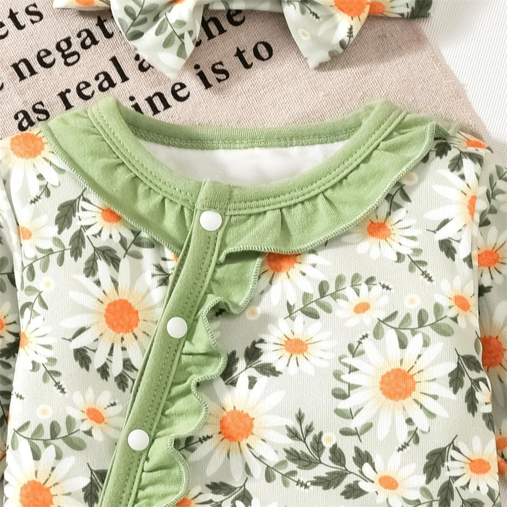 2PCS Stylish Lovely Floral Printed Long Sleeve Baby Jumpsuit