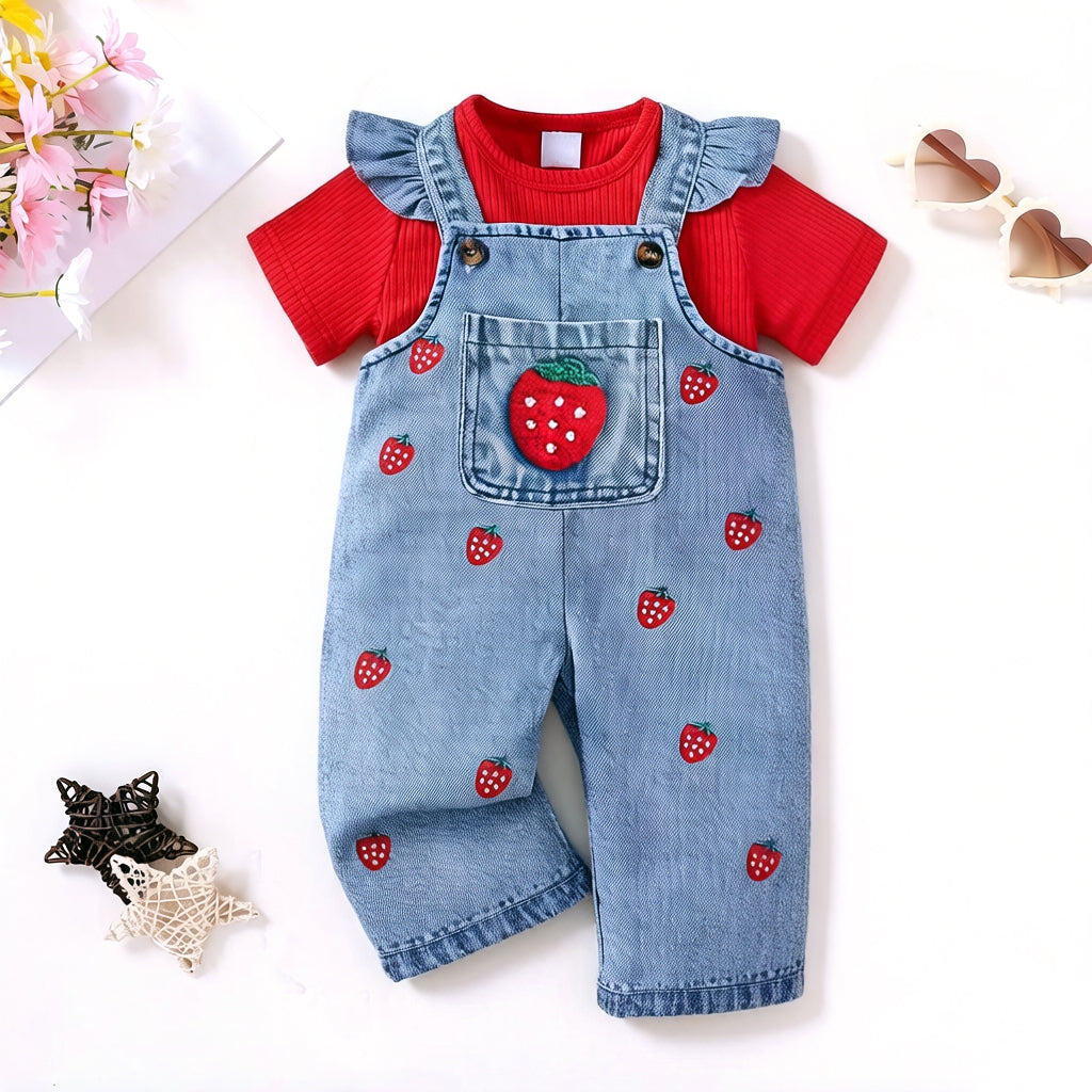 2PCS Cute Strawberry Print Denim Short Sleeve Overalls Baby Set