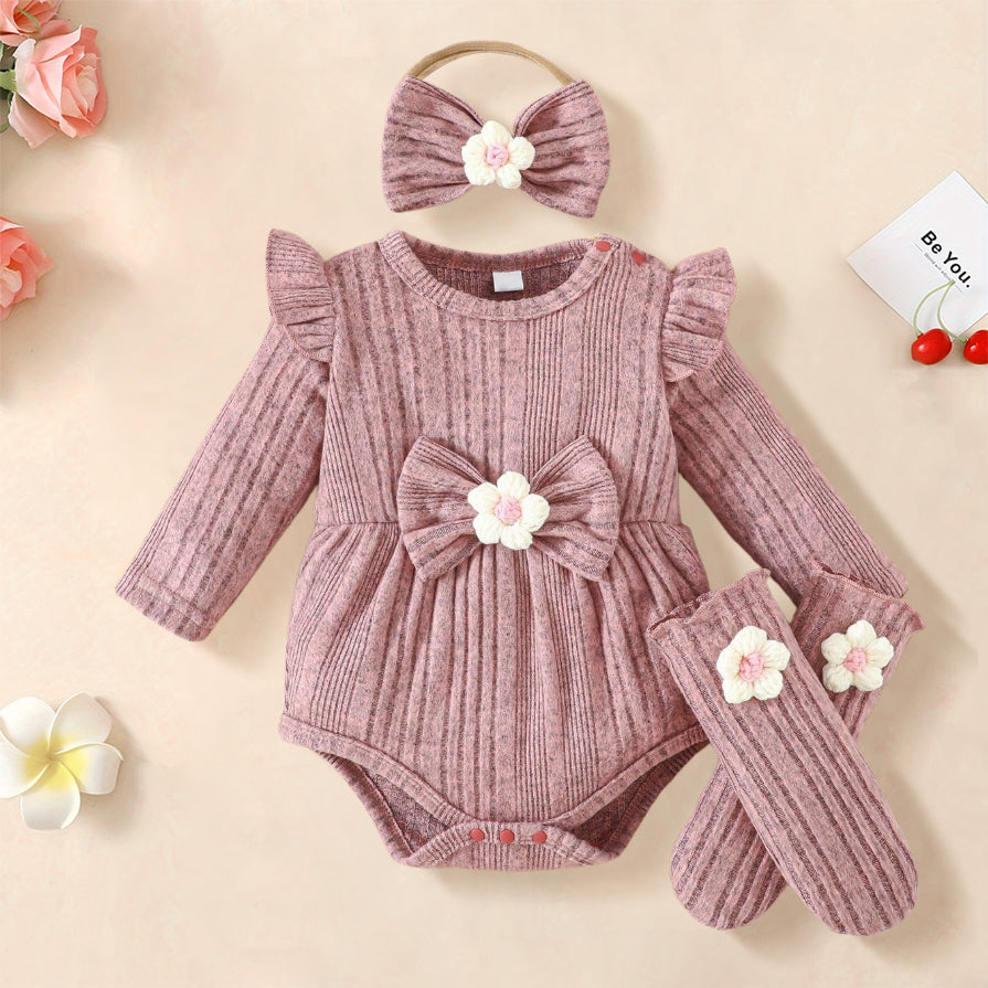 3PCS Solid Color Floral Decoration Baby Romper