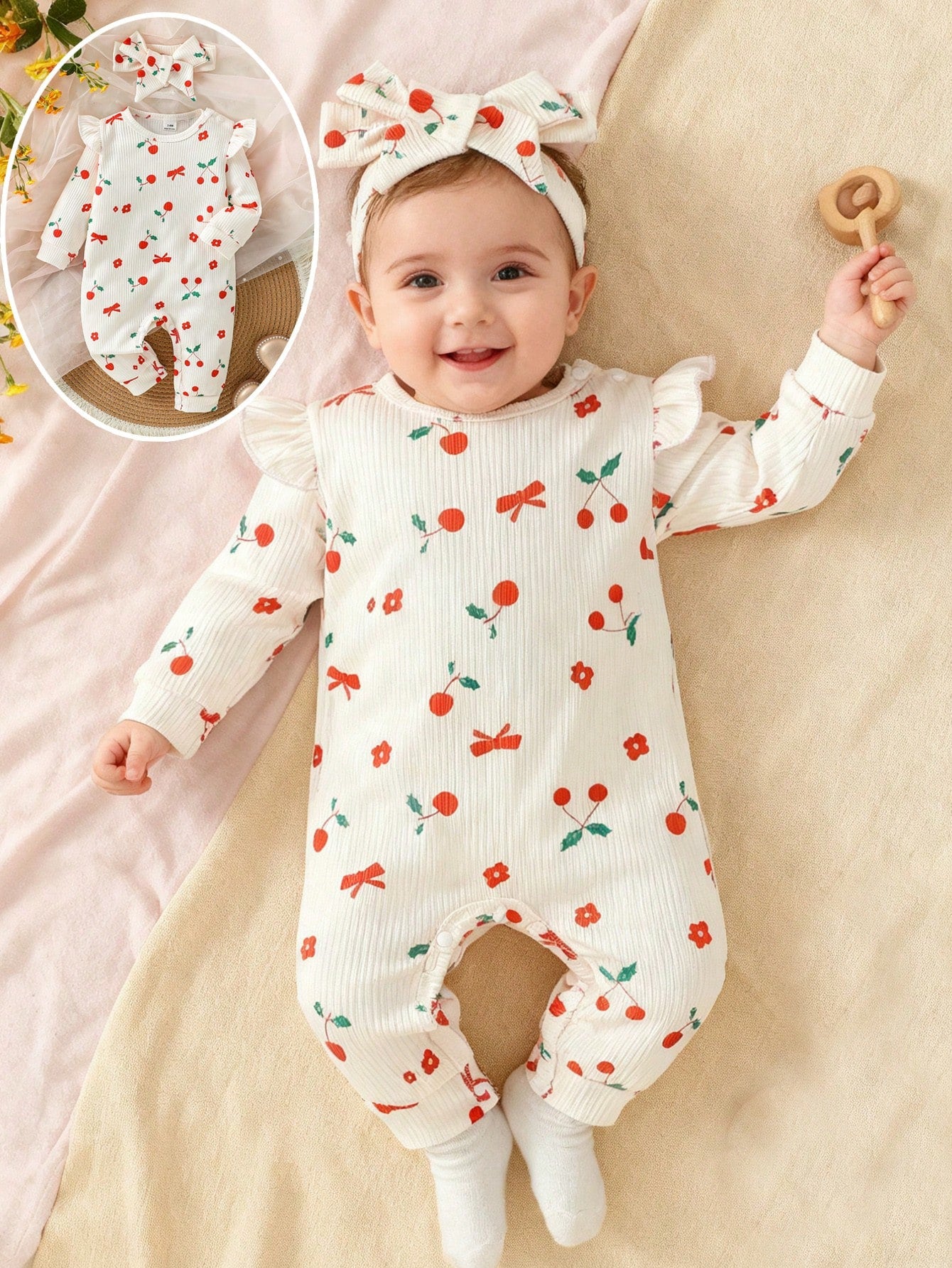2PCS Cherry Print Long Sleeve Baby Girl Jumpsuit