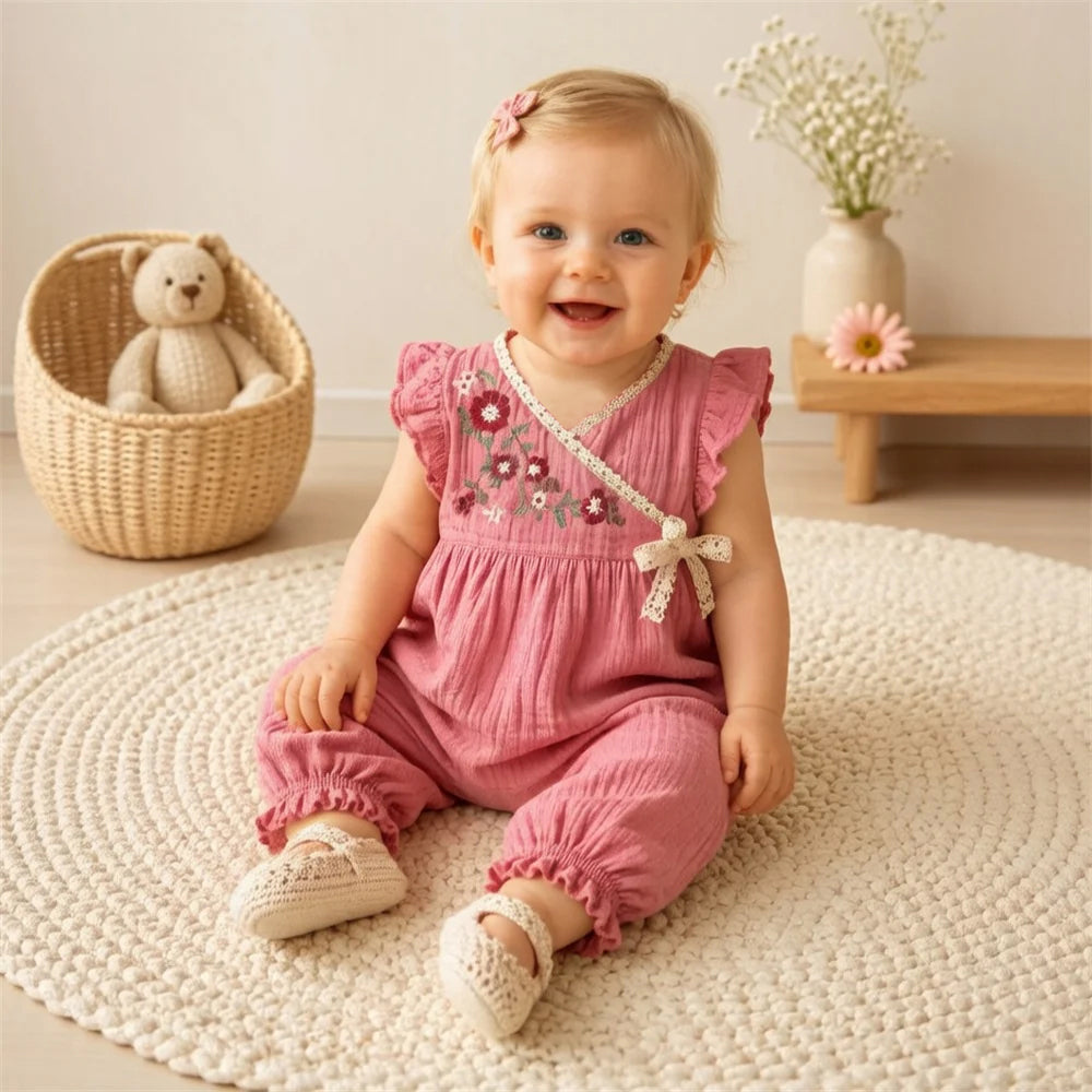 Cheerful Floral Embroidery Flutter Sleeve Baby Jumpsuit