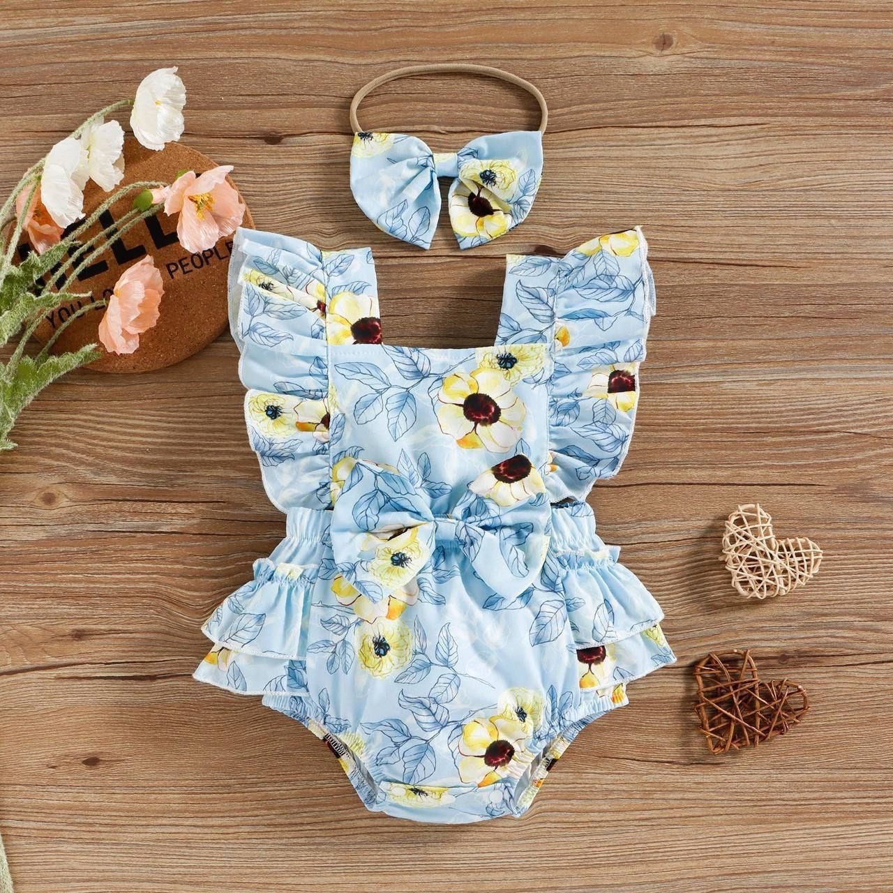 2PCS Sweet Floral Print Flutter Sleeve Baby Girl Romper
