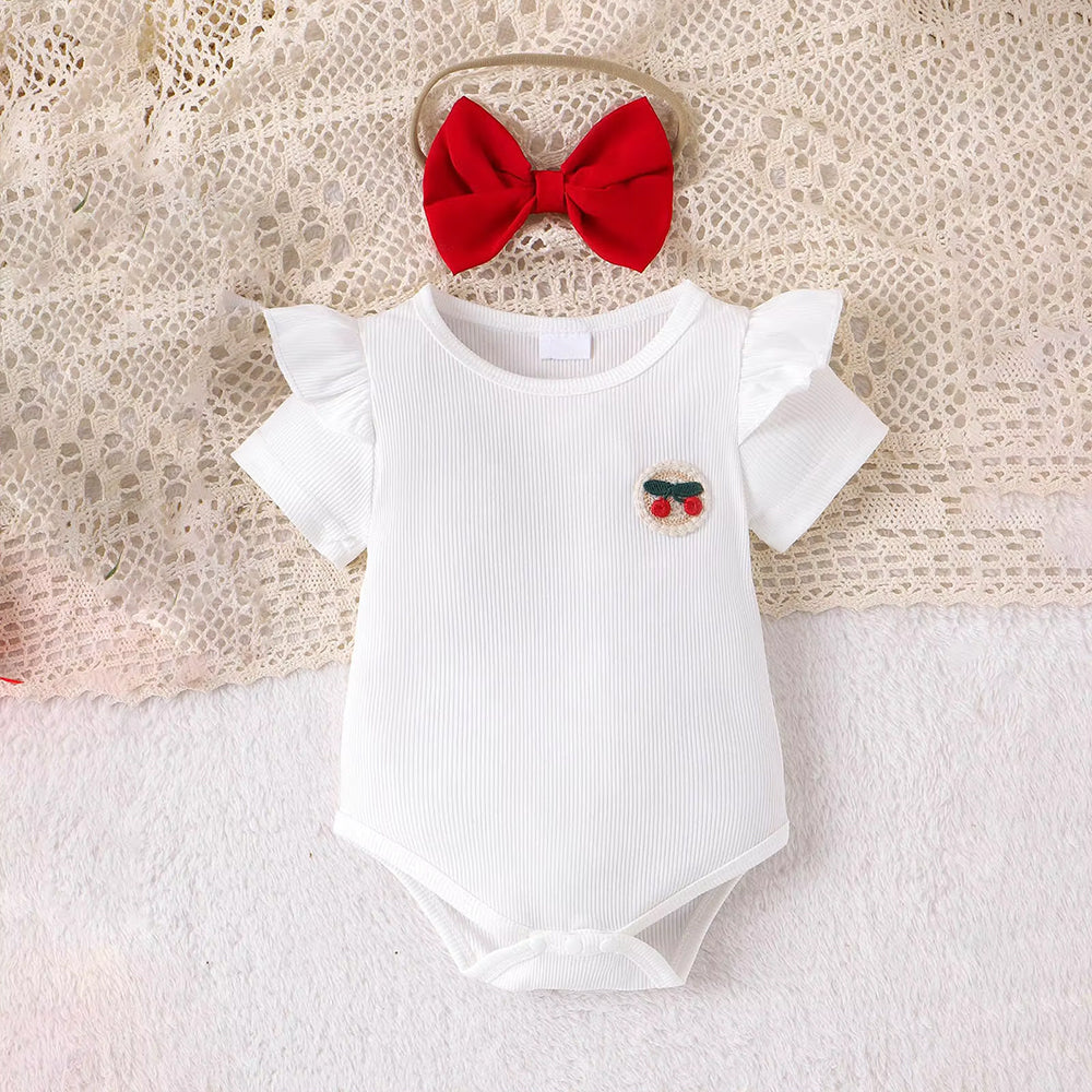 4PCS Sweet Cherry Embroidery Short Sleeve Baby Set