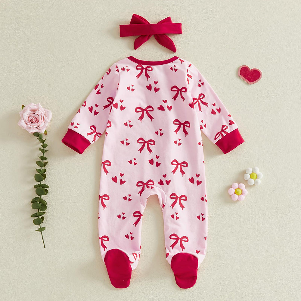 2PCS Lovely Christmas Bow Heart Printed Zipper Baby Jumpsuit