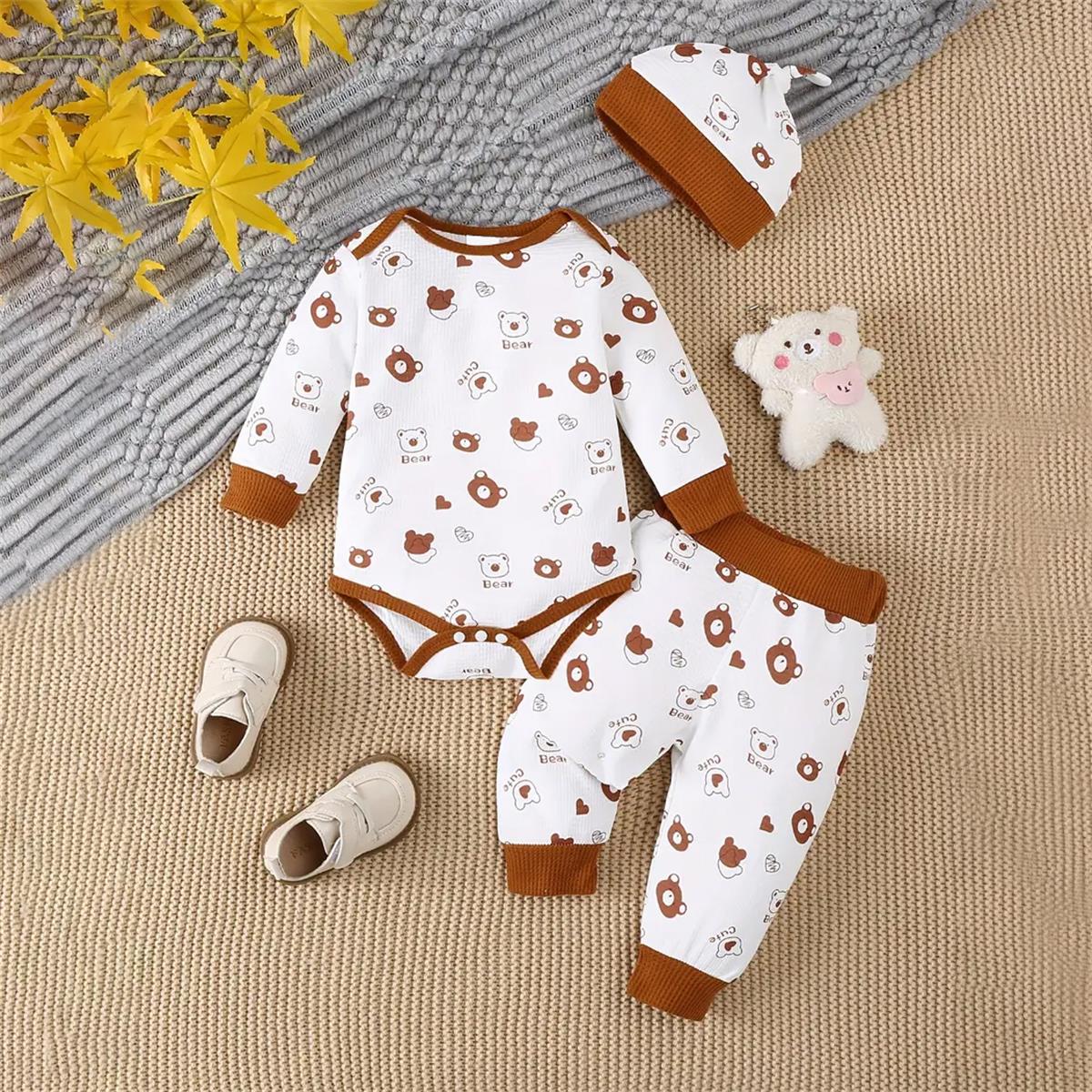 3PCS Cute Bear Printed Long Sleeve Baby Set