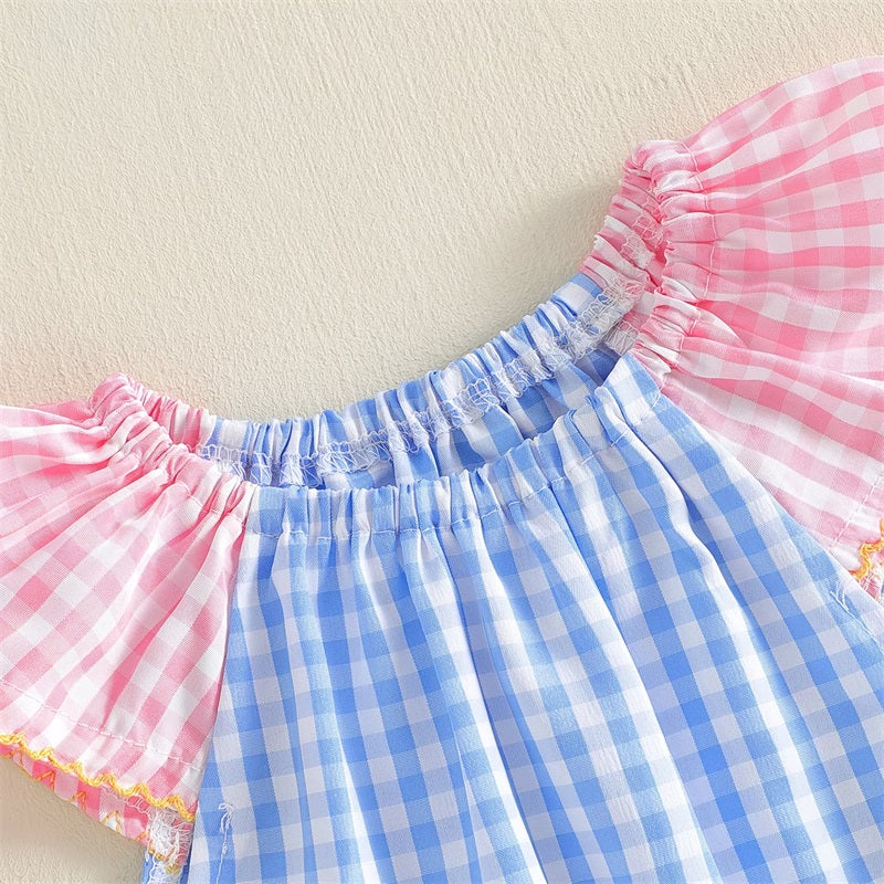 Cute Floral Embroidery Plaid Fly Sleeve Baby Jumpsuit