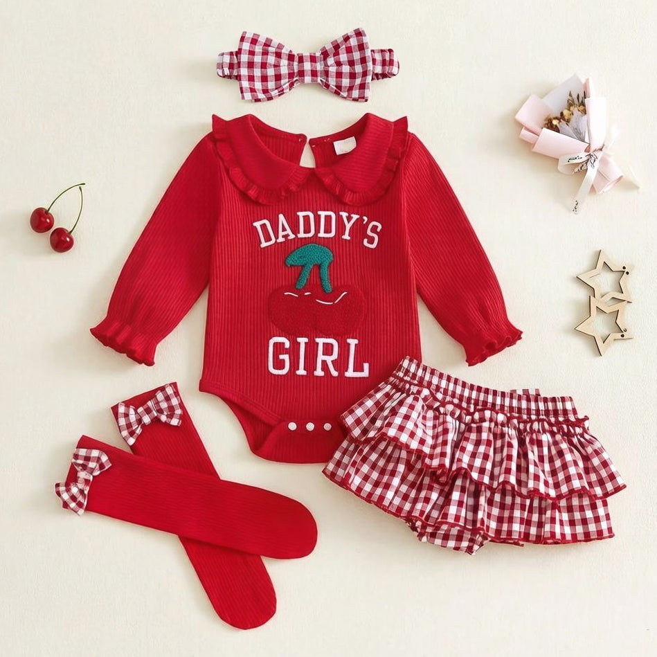 4PCS Grace Daddy's Girl Letter Cherry Plaid Printed Baby Set