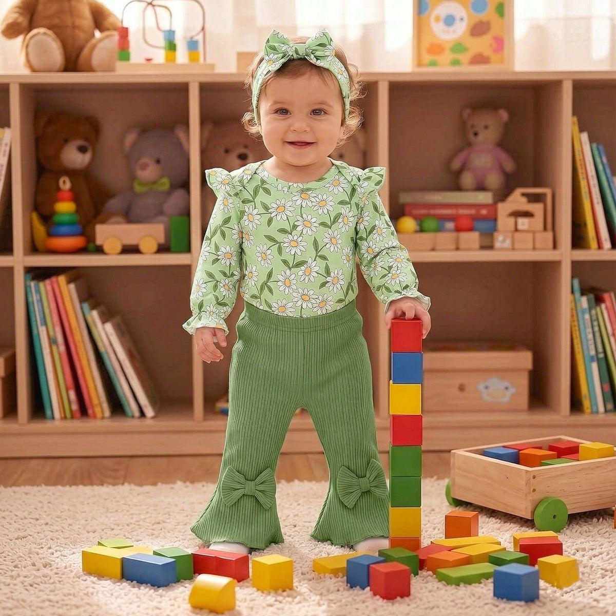 4PCS Lively Daisy Print Bow Long Sleeve Baby Girl Set