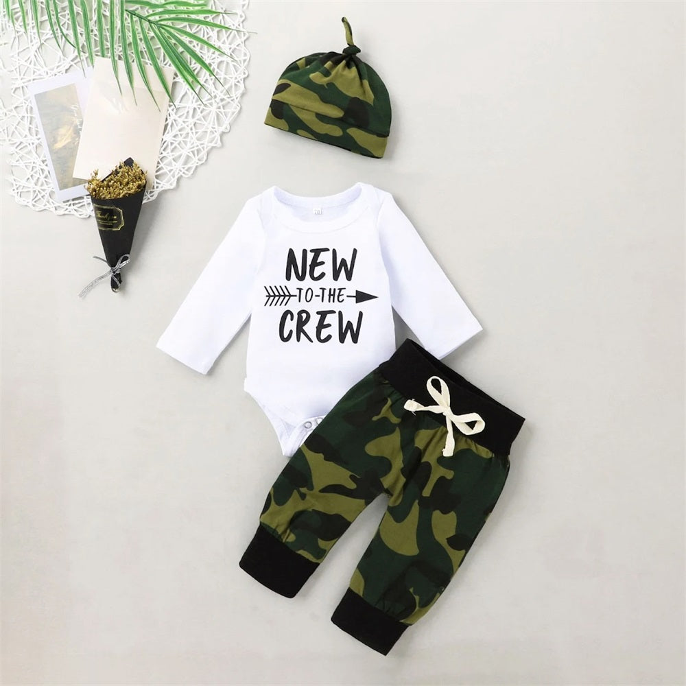 3PCS New To The Crew Letter Print Camouflage Baby Set