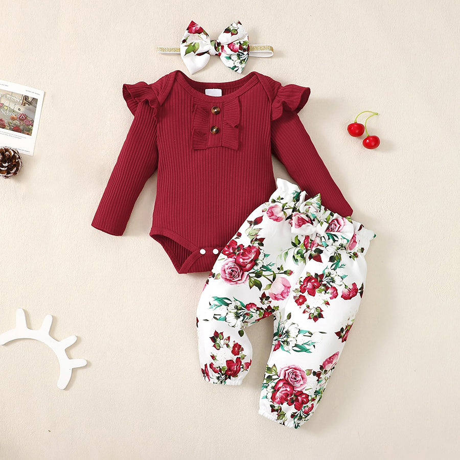 3PCS Charming Floral Printed Long Sleeve Baby Set