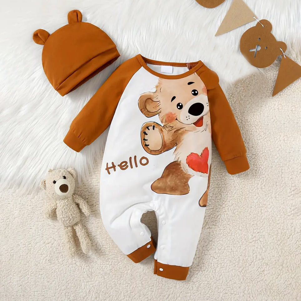 2PCS Sweet Heart Cartoon Bear Printed Baby Jumpsuit