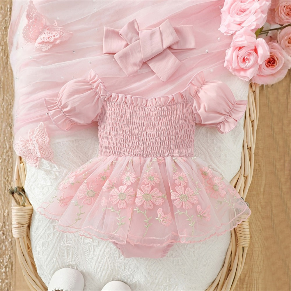 2PCS Floral Embroidery Short Sleeve Mesh Skirt Baby Romper