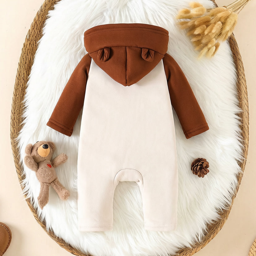 Cute Bear Appliqué Long Sleeve Zipper Hoodie Baby Jumpsuit
