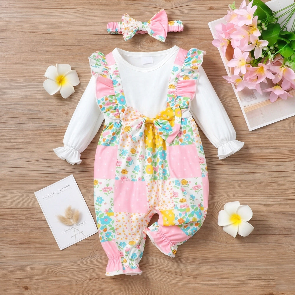2PCS Whimsical Floral Printed Faux Two Piece Long Sleeve Baby Jumpsuit