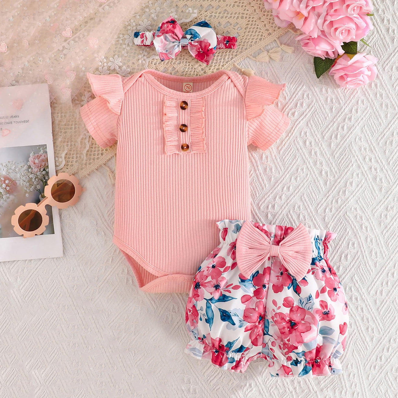 3PCS Casual Floral Printed Bow Short Sleeves Baby Romper Set