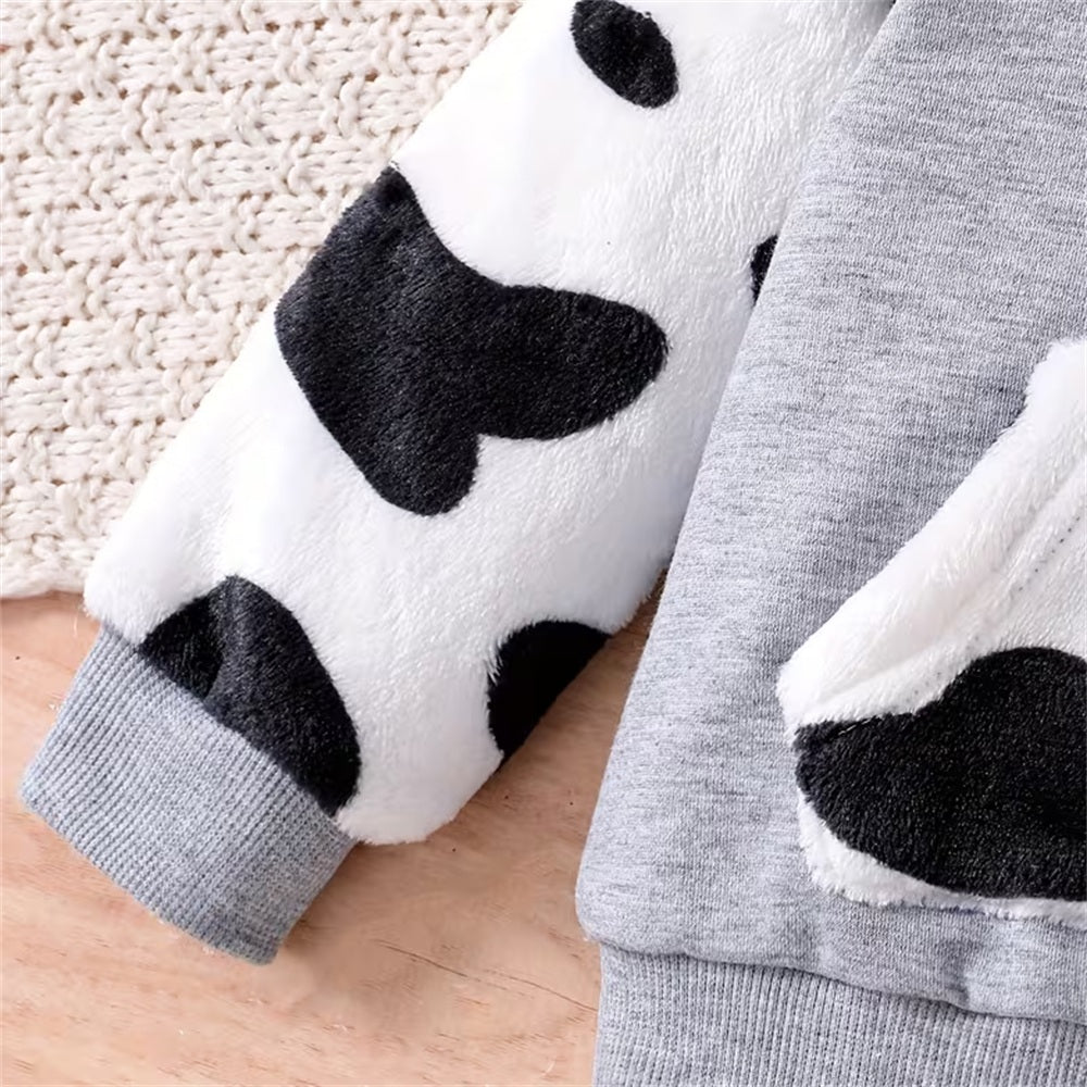 2PCS Cute Cow Print Fuzzy Long Sleeve Hoodie Baby Set