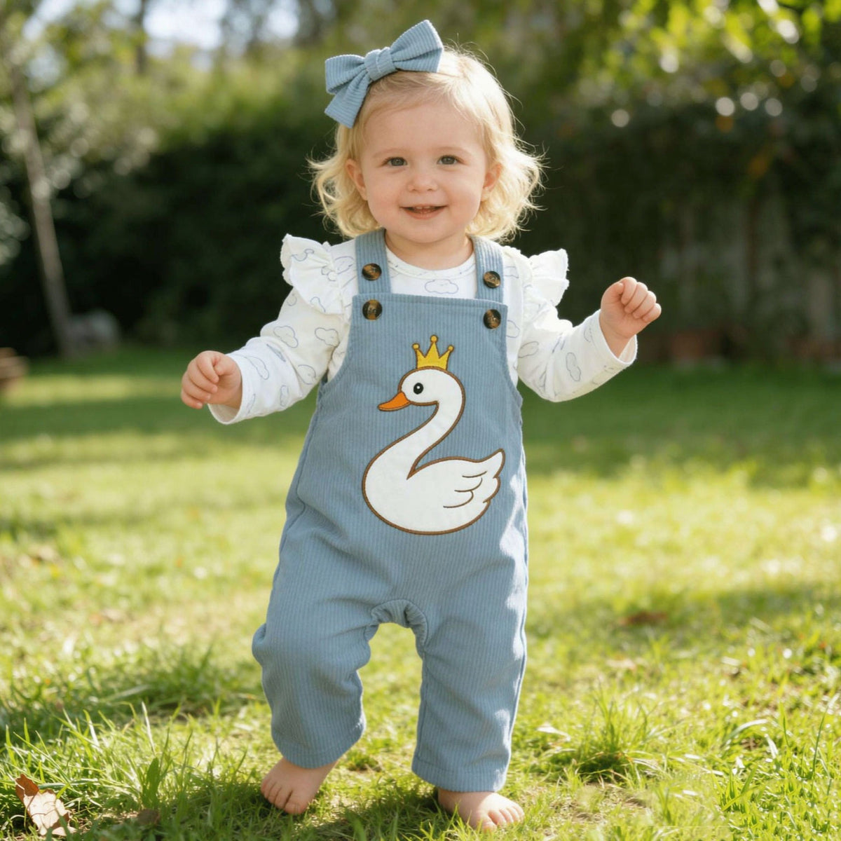3PCS Lovely Swan Embroidered Cloud Print Baby Girl Overalls Set