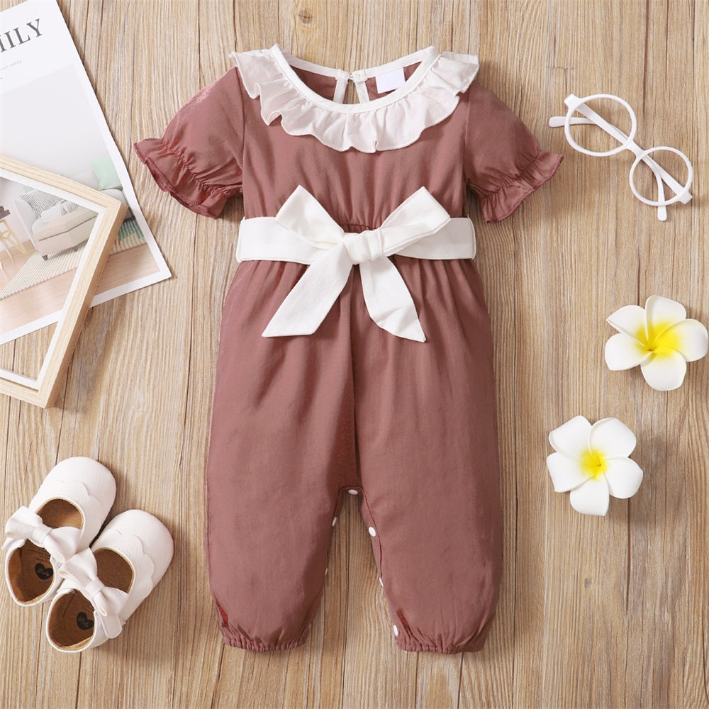 Casual Solid Color Ruffle Collar Short Sleeve Baby Jumpsuit