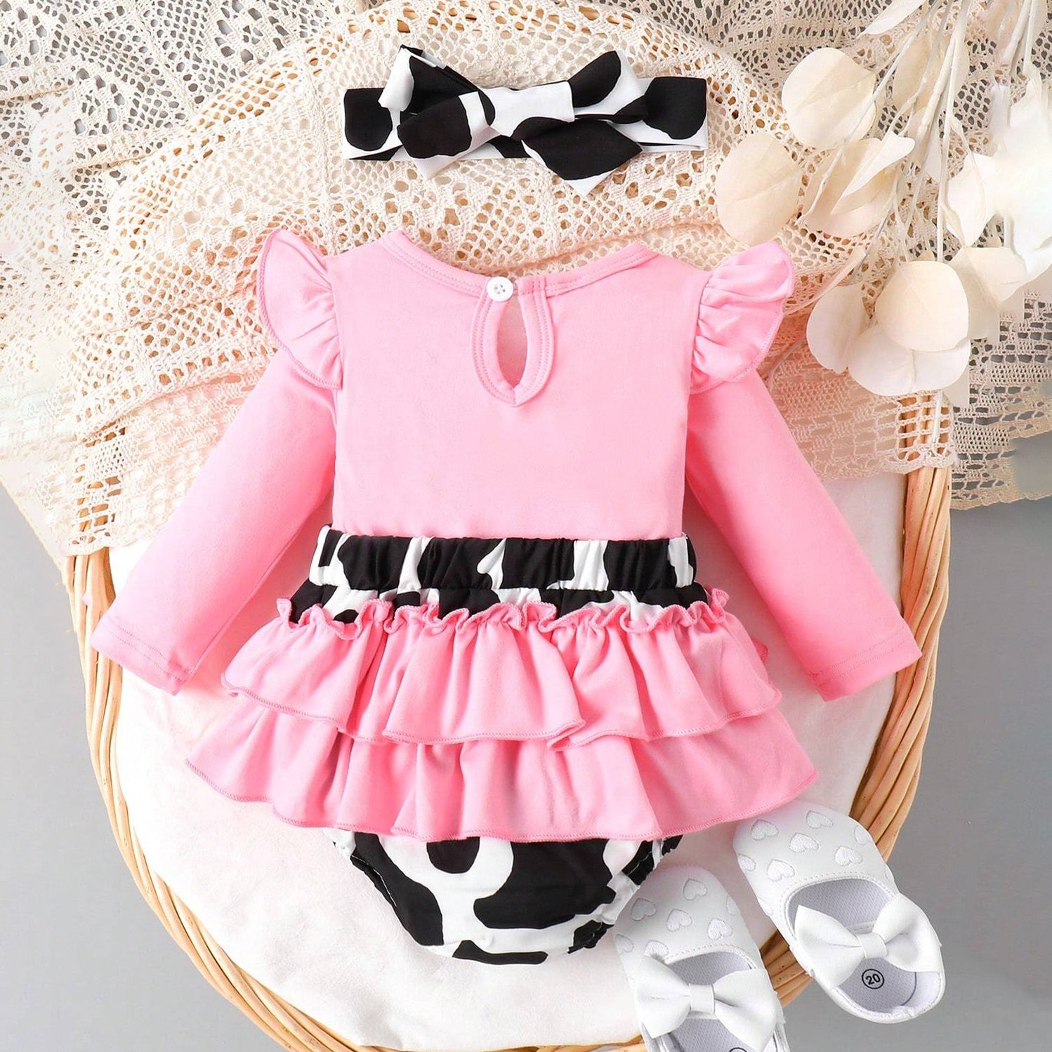 2PCS Lovely Cow Printed Long Sleeve Baby Romper