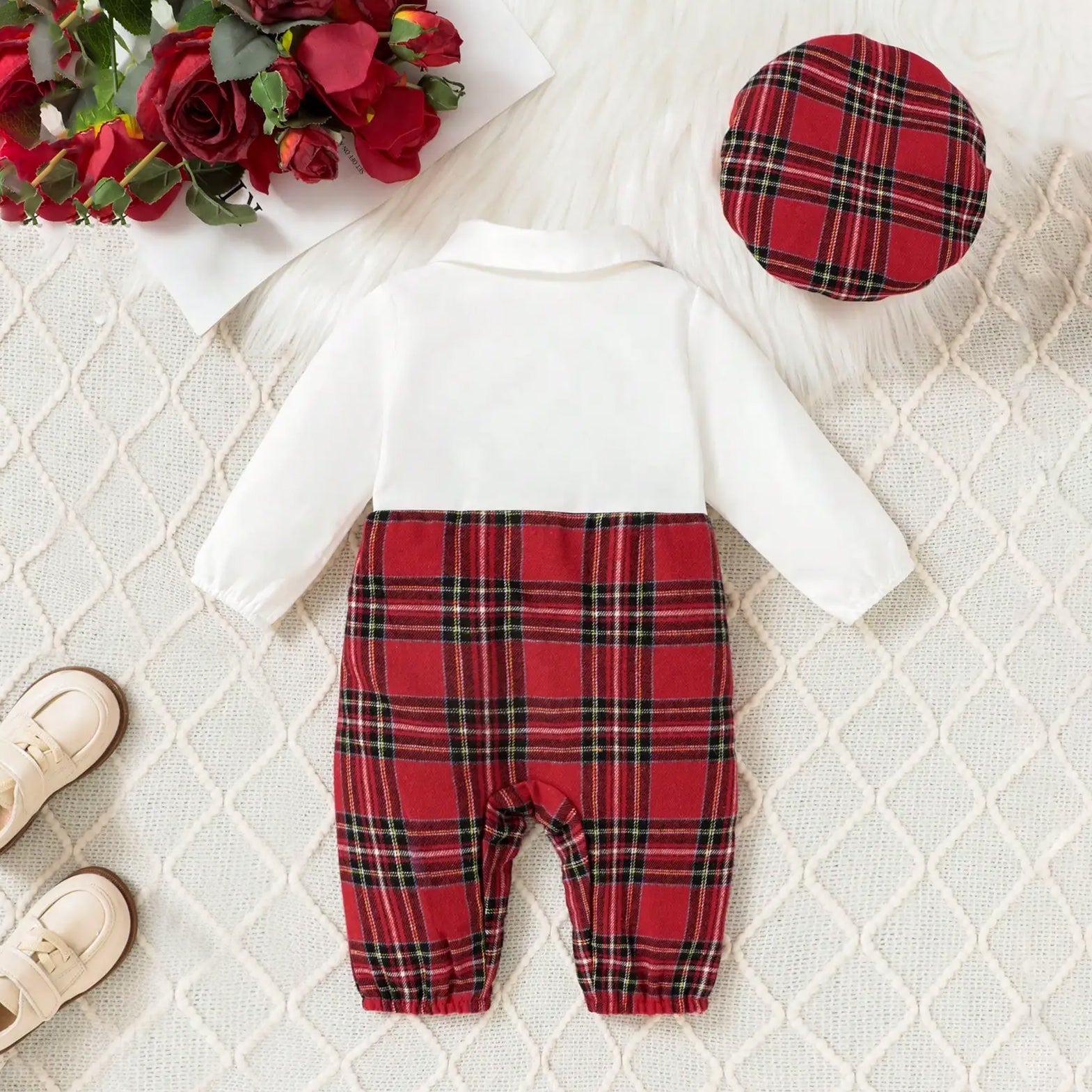 2PCS Christmas Plaid Printed Bowtie Lapel Gentleman Long Sleeve Baby Jumpsuit