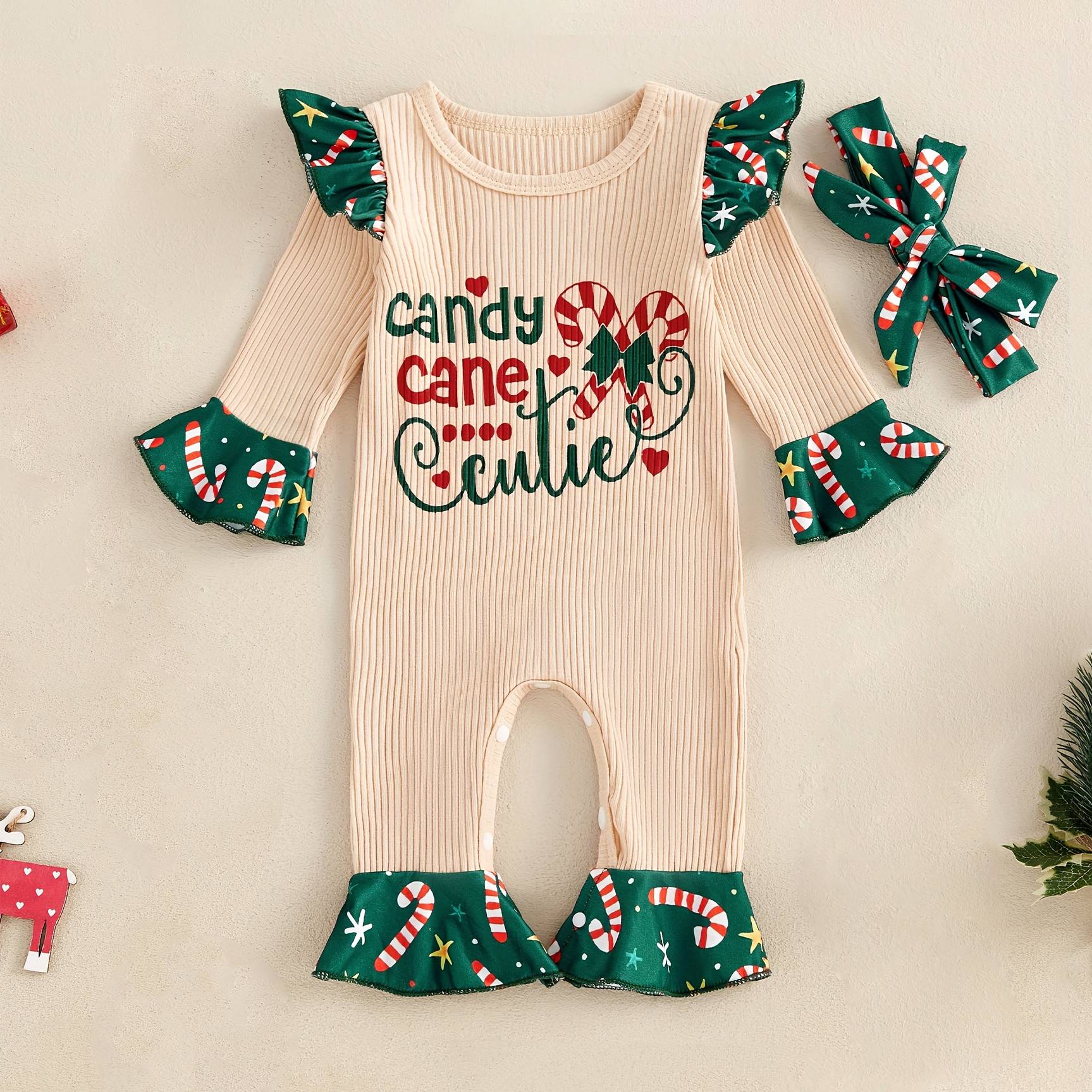 2PCS Candy Cane Cutie Letter and Printed Baby Jumpsuit