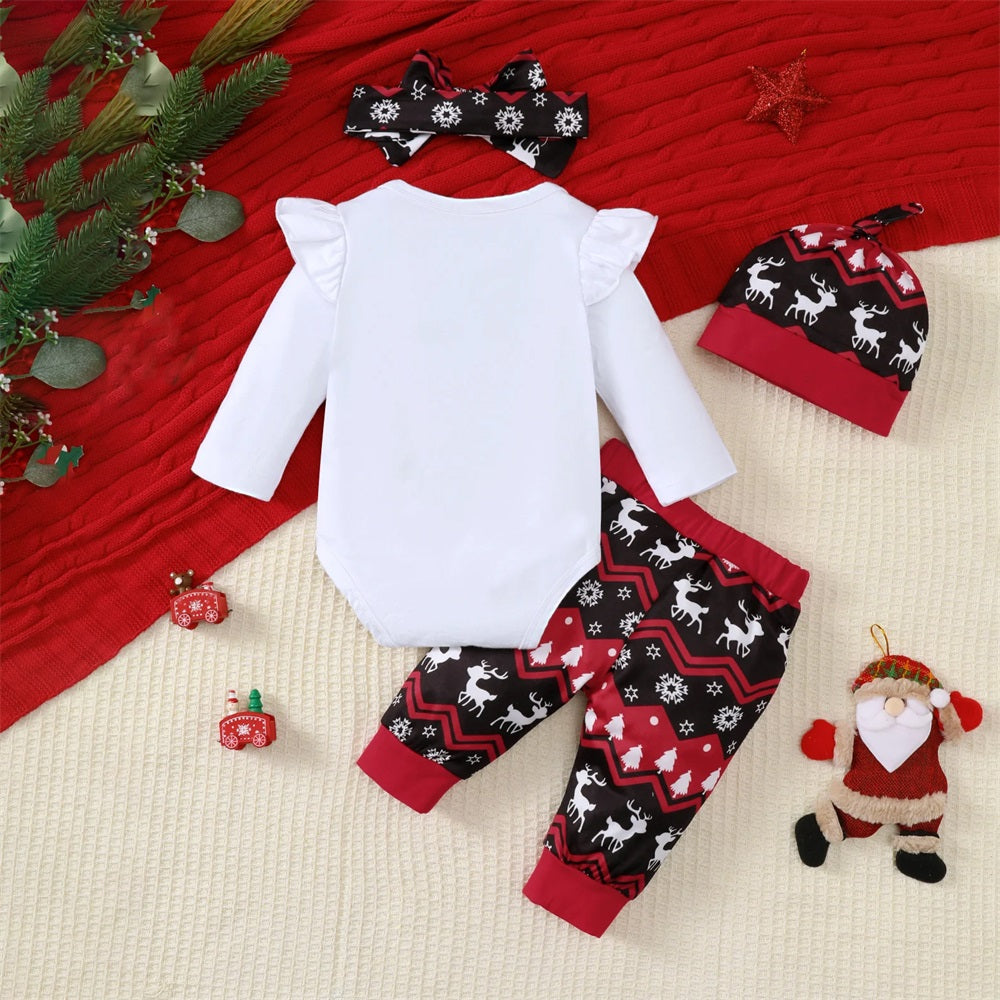 4PCS Merry Christmas Letter elk Print Long Sleeve Baby Set