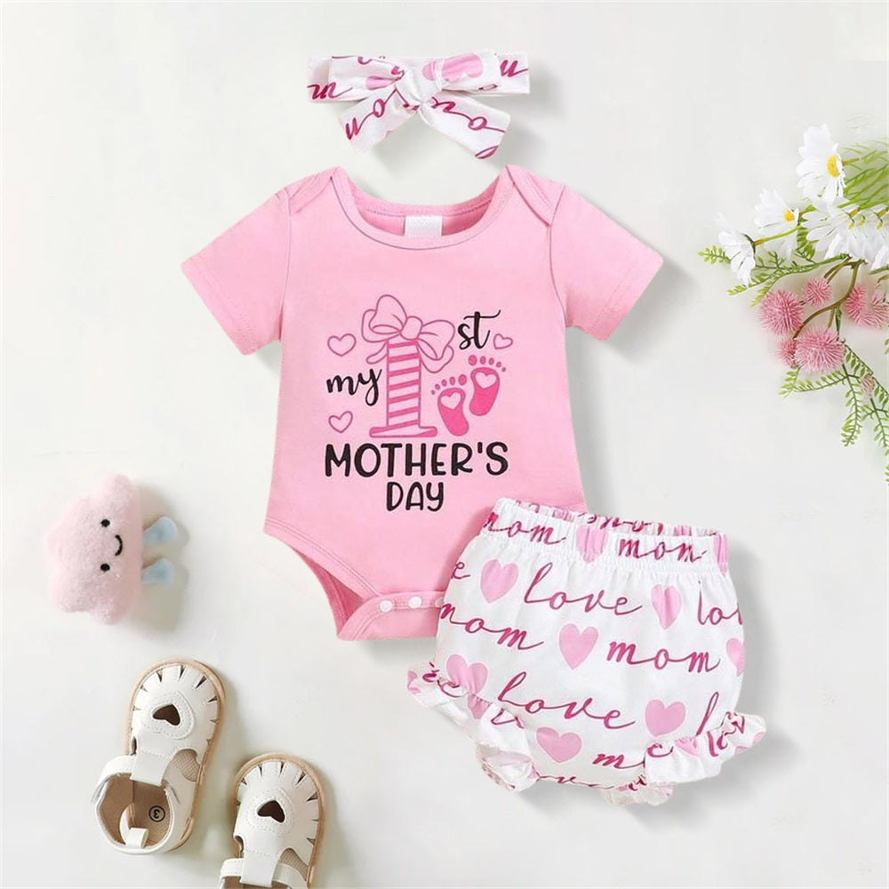 3PCS My 1st Mother's Day Letter Printed Short Sleeve Baby Set