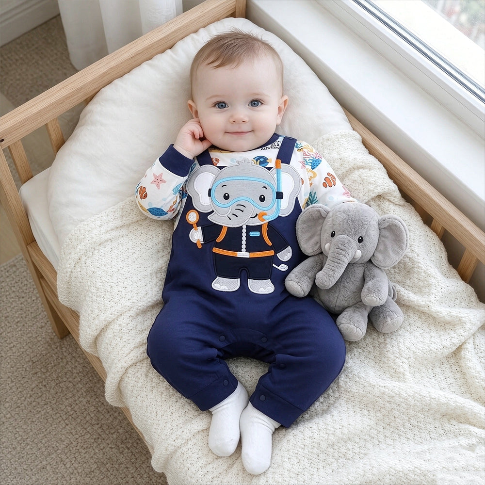 Cute Elephant Embroidery Long Sleeve Baby Jumpsuit