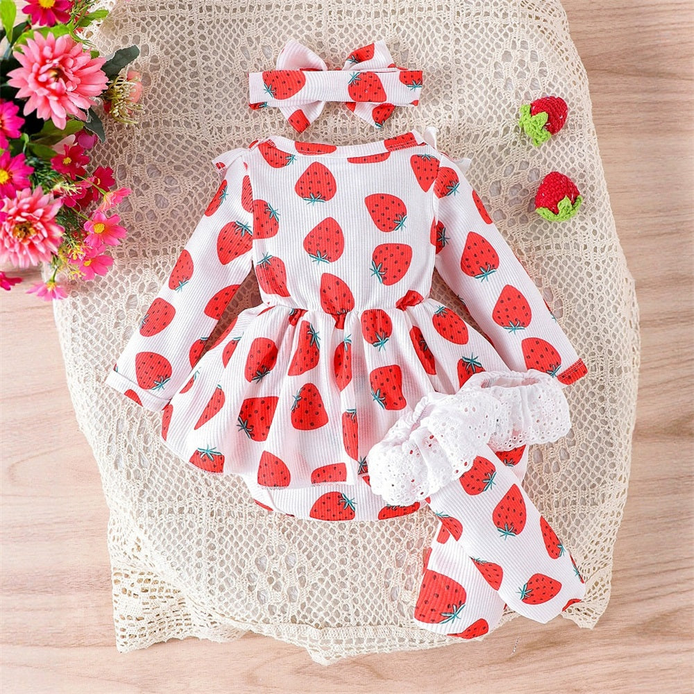 3PCS Strawberry Printed Ruffled Long Sleeve Baby Romper