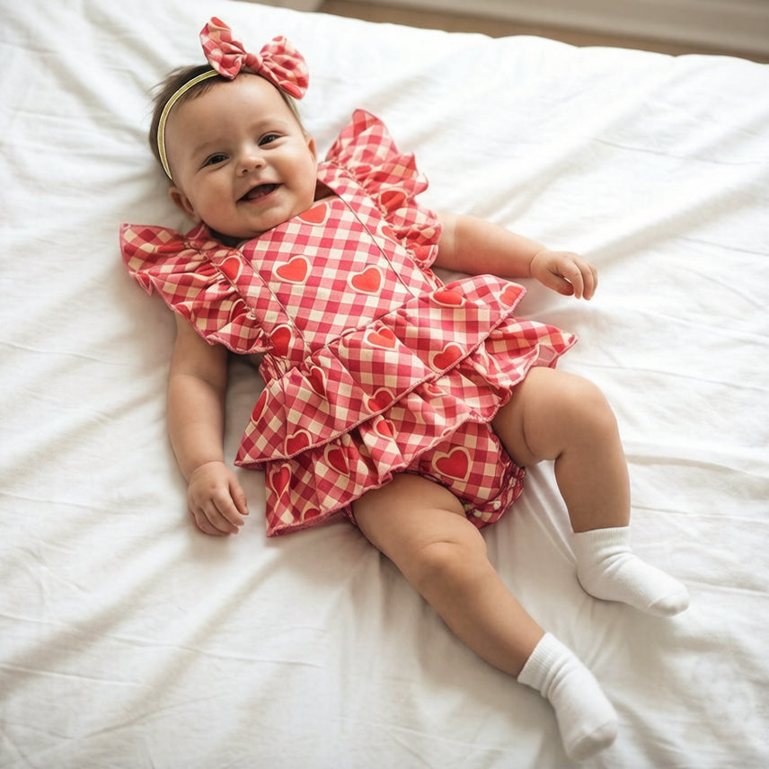 2PCS Gorgeous Heart Plaid Print Flounce Sleeve Baby Romper