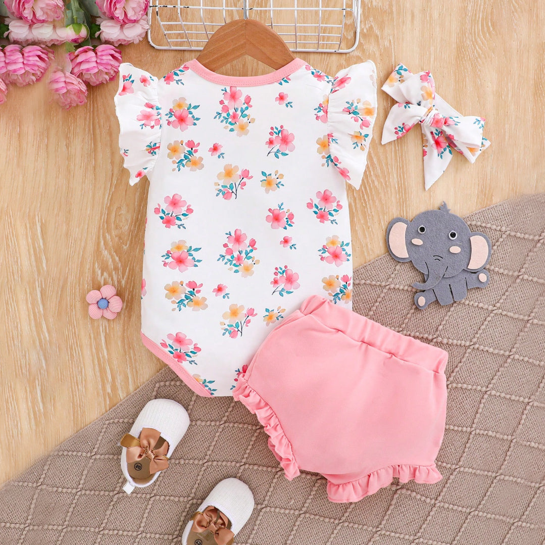 3PCS Elephant Floral Printed Sleeveless Baby Set