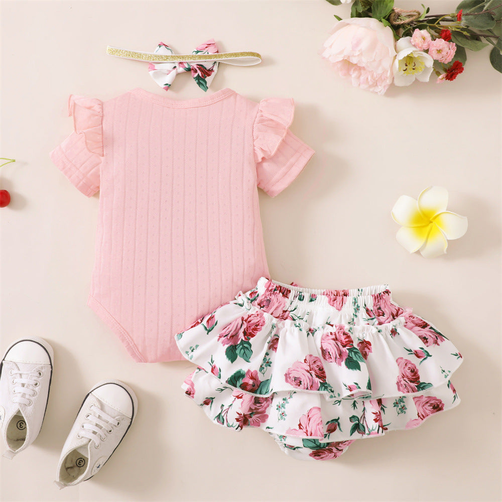 3PCS Floral Printed Ruffle Bowknot Short Sleeve Baby Set