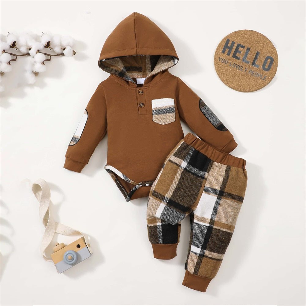 2PCS Casual Comfy Plaid Print Long Sleeve Baby Hooded Set